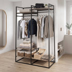 Velmora™ Jace Freestanding Metal 2-Rod Garment Clothes Rack with 4 Wooden Shelves, Black