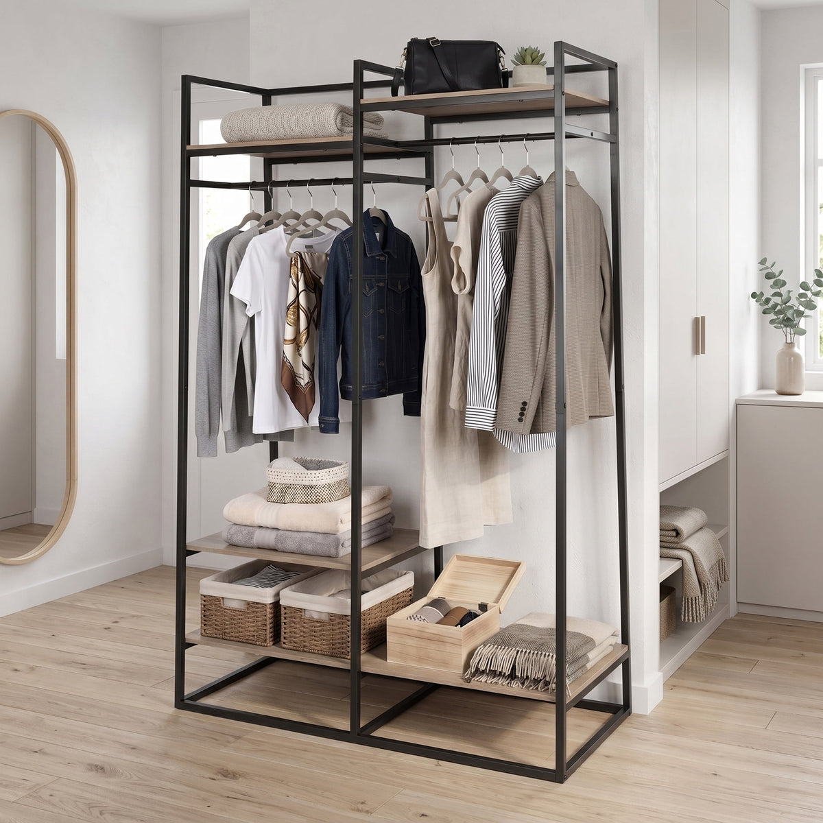 Velmora™ Jace Freestanding Metal 2-Rod Garment Clothes Rack with 4 Wooden Shelves, Black