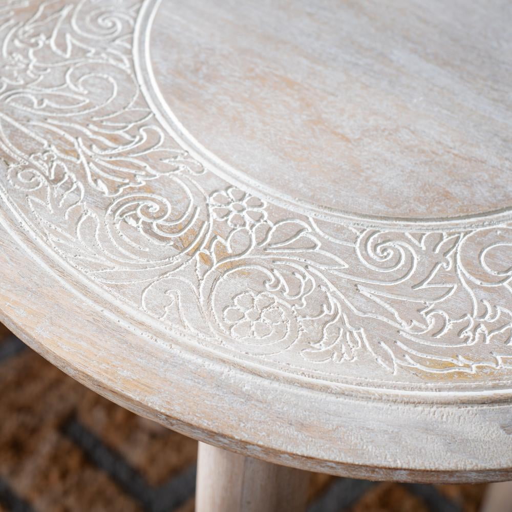 Velmora™ Rehnuma Bohemian Carved Side Table, White Wash