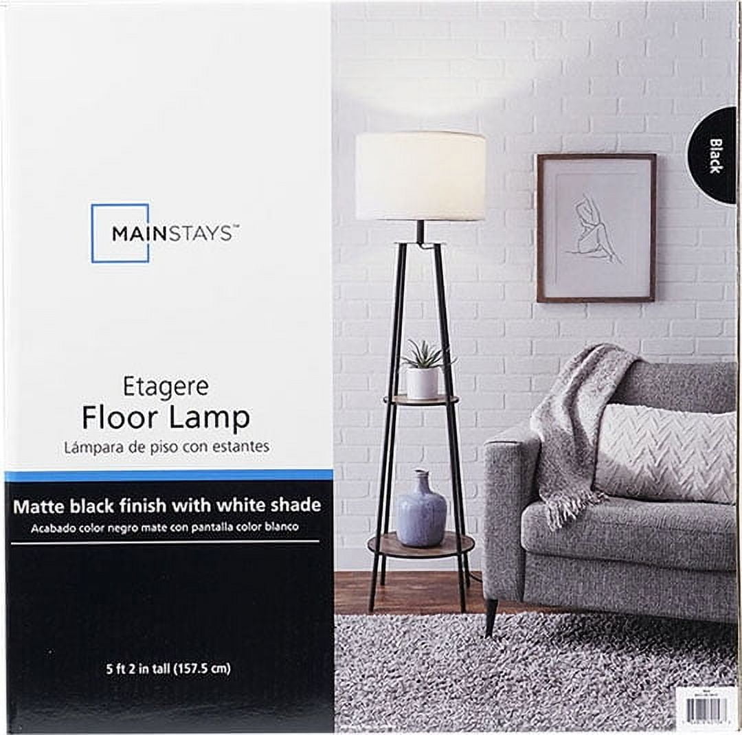 Velmora™ Etagere 62" Matte Black Mid-Century Style Floor Lamp, with 2 Wood Shelves