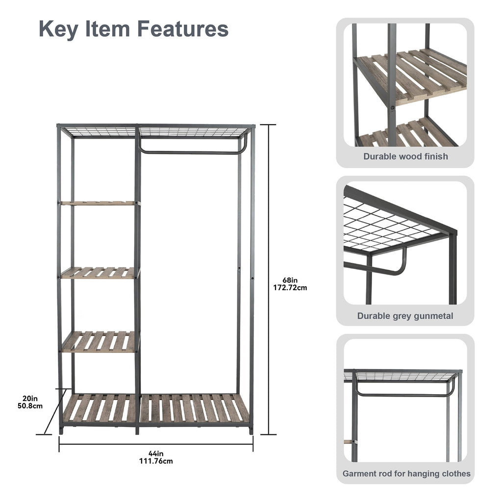 Velmora™ Farmhouse Style Gray Wood and Metal Clothes Rack with Garment Rod