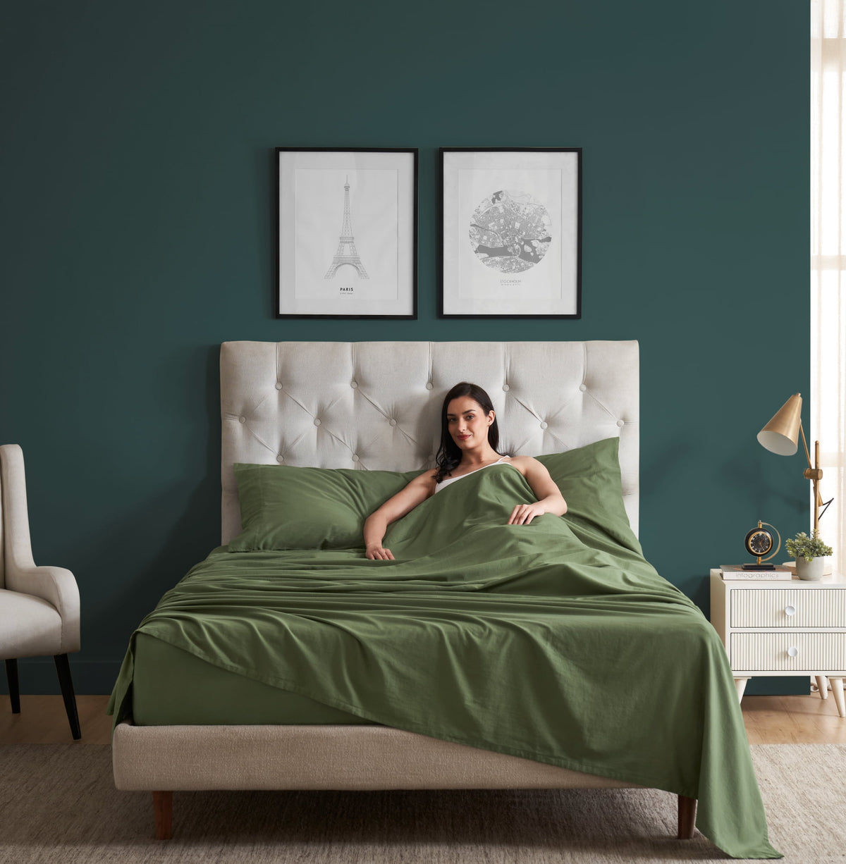 Velmora™ Dreamy Soft 4-Piece Bed Sheet Set, 100% Cotton, 220 Thread Count Brushed and Washed Sateen, Deep Pocket, Queen, Bay Leaf