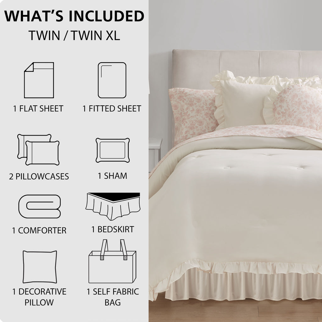 Velmora™ Reversible 8-Piece Bed-in-a-Bag Comforter and Sheet Set, Twin/Twin-XL, Cream Ruffle