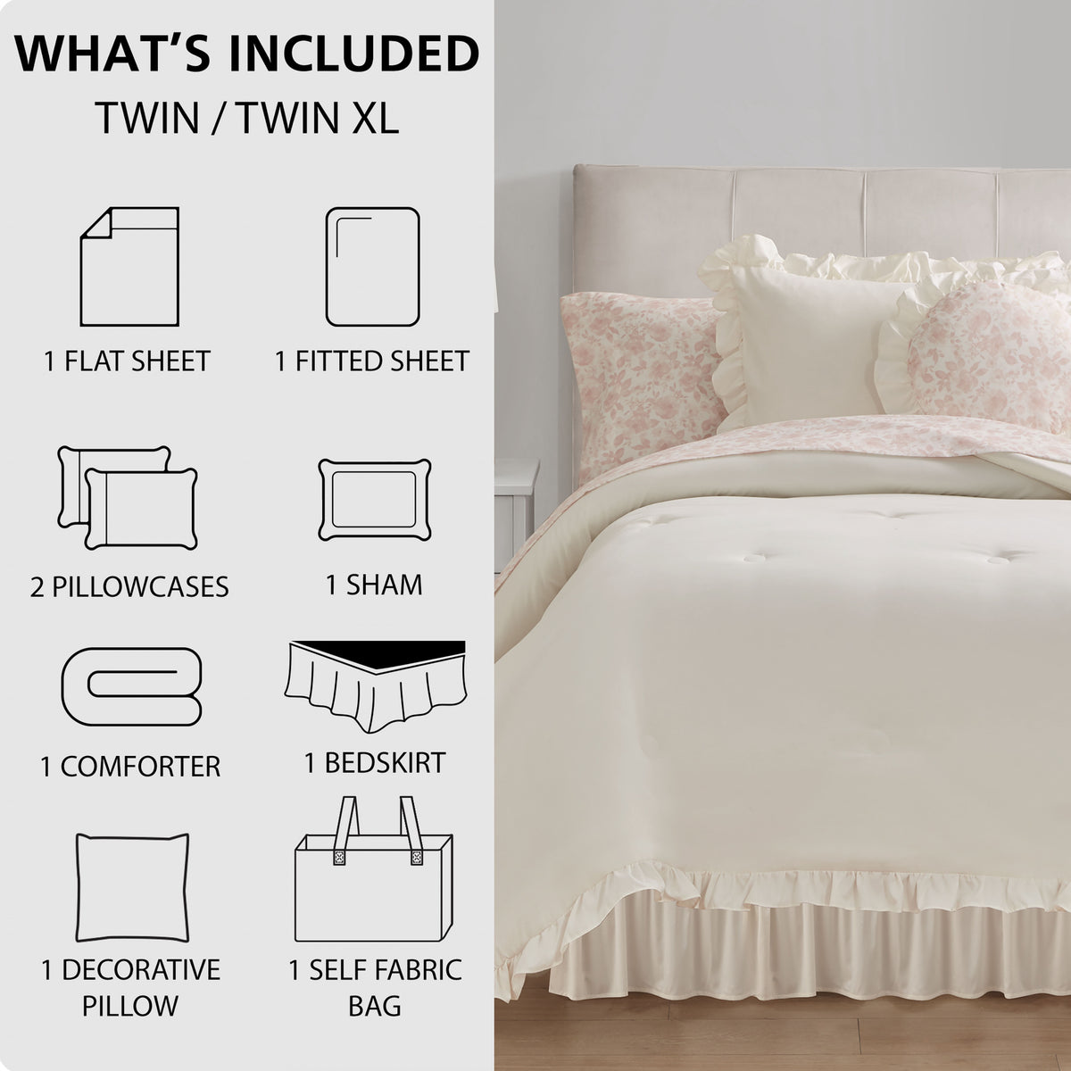 Velmora™ Reversible 8-Piece Bed-in-a-Bag Comforter and Sheet Set, Twin/Twin-XL, Cream Ruffle