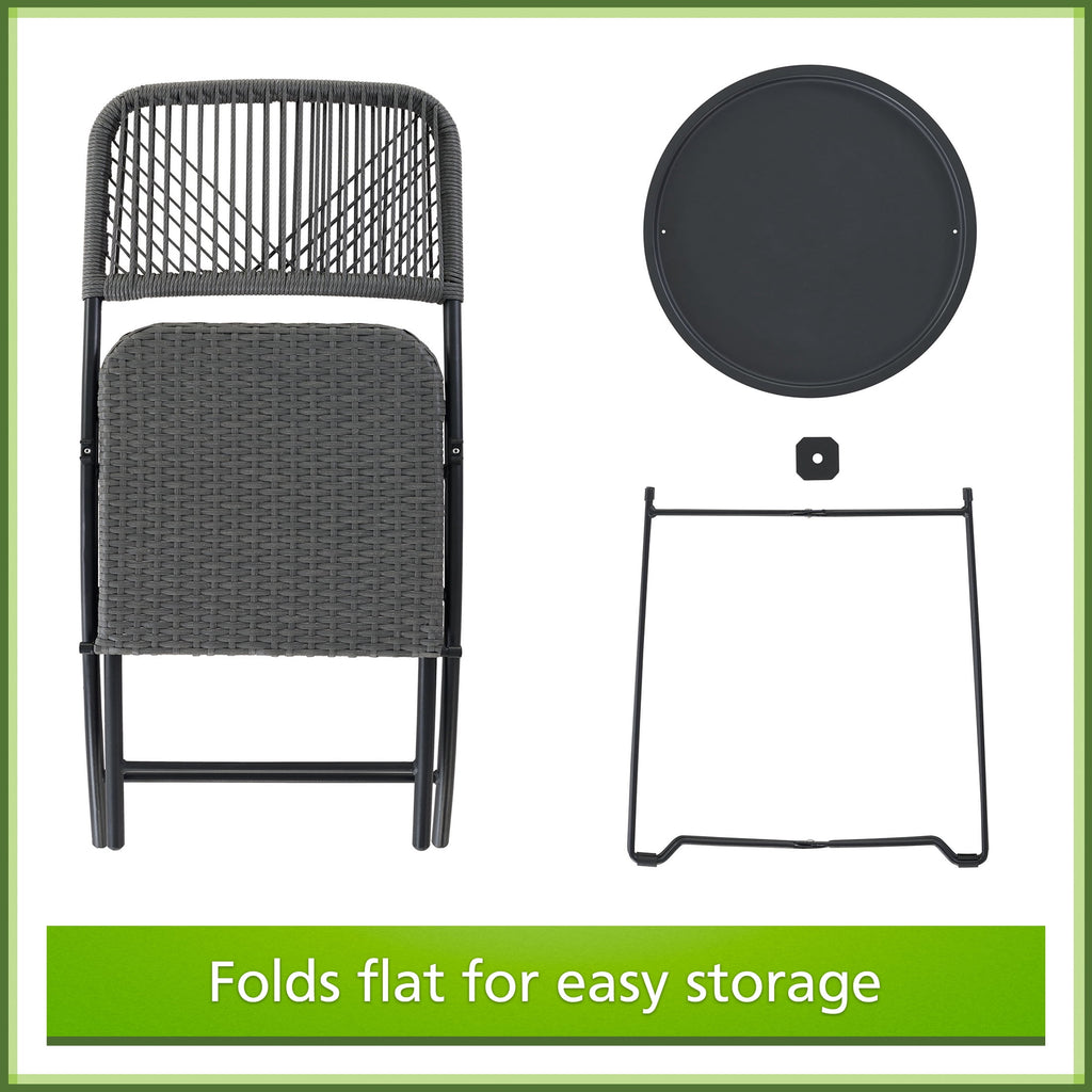 Velmora™ 3-Piece Steel and Wicker Rope Folding Outdoor Patio Bistro Set, Gray/Black
