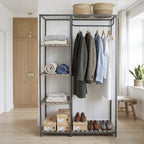 Velmora™ Farmhouse Style Gray Wood and Metal Clothes Rack with Garment Rod
