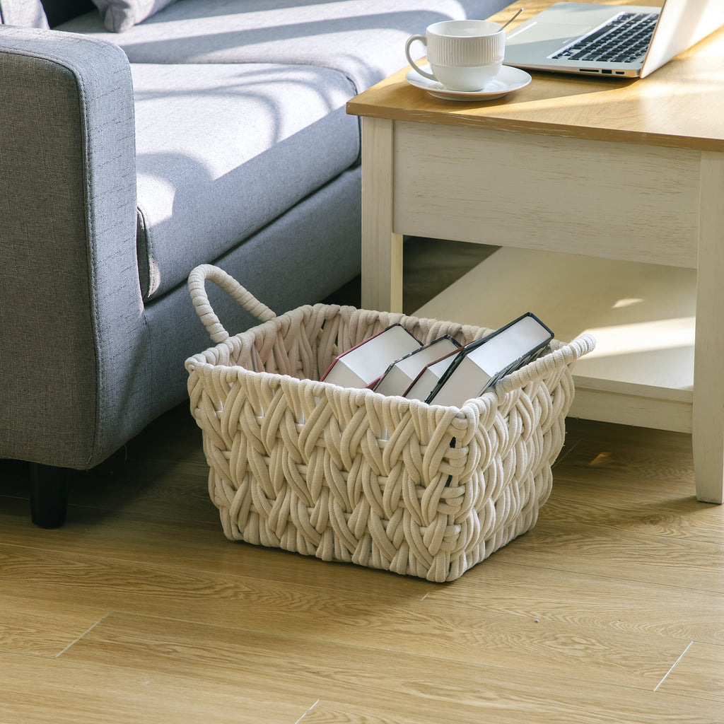 Velmora™ (2 pack) Medium White Woven Rope Decorative Storage Basket with Handles, 14.3 in x 11 in x 9 in