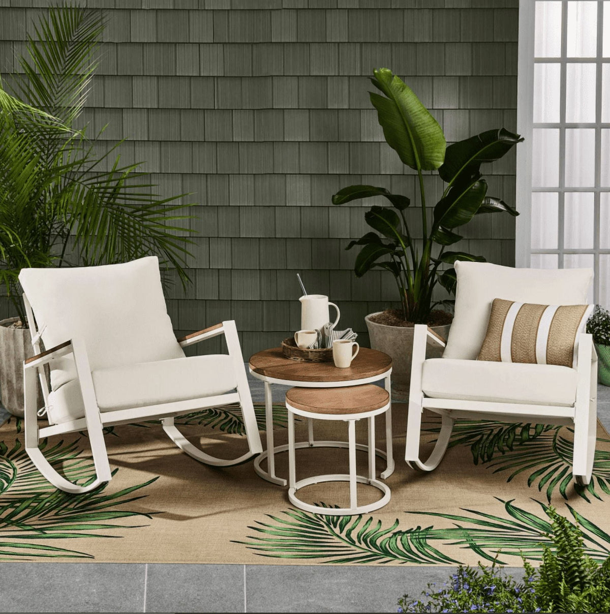 Velmora™ Marlow Outdoor Patio Rocking Chairs, 2-Pack, White Frame with Cream Cushions