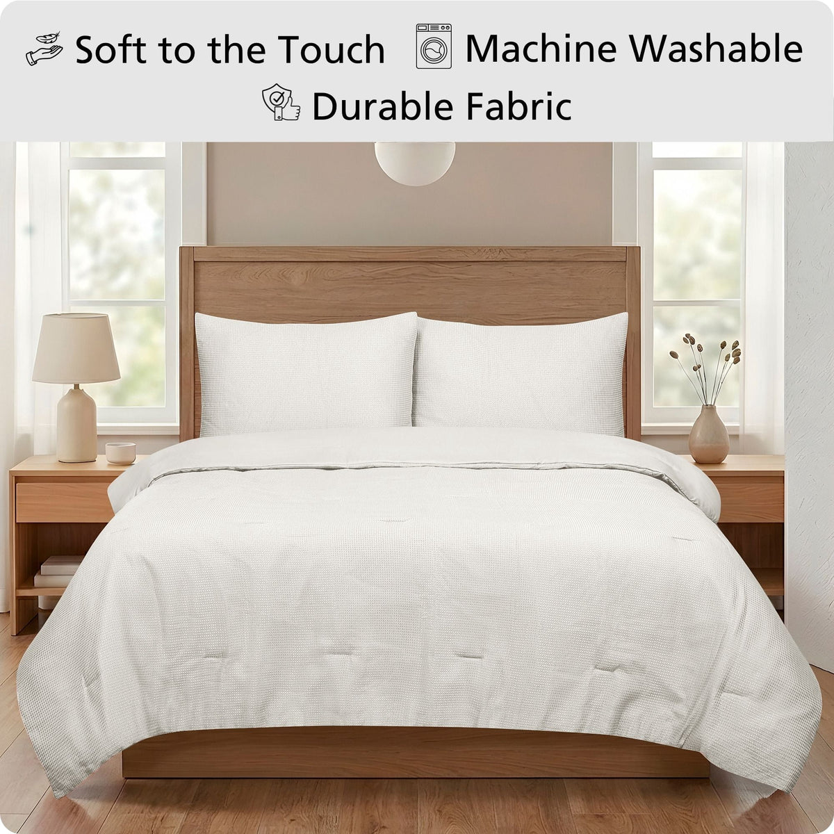 Velmora™ 3-Piece Waffle Comforter Set with Matching Shams, Full/Queen, Vanilla Dream