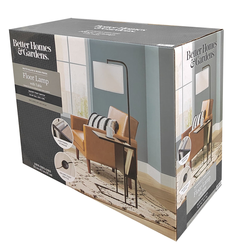 Velmora™ 54" Matte Black Metal Floor Lamp with Faux Wood Table and Magazine Rack