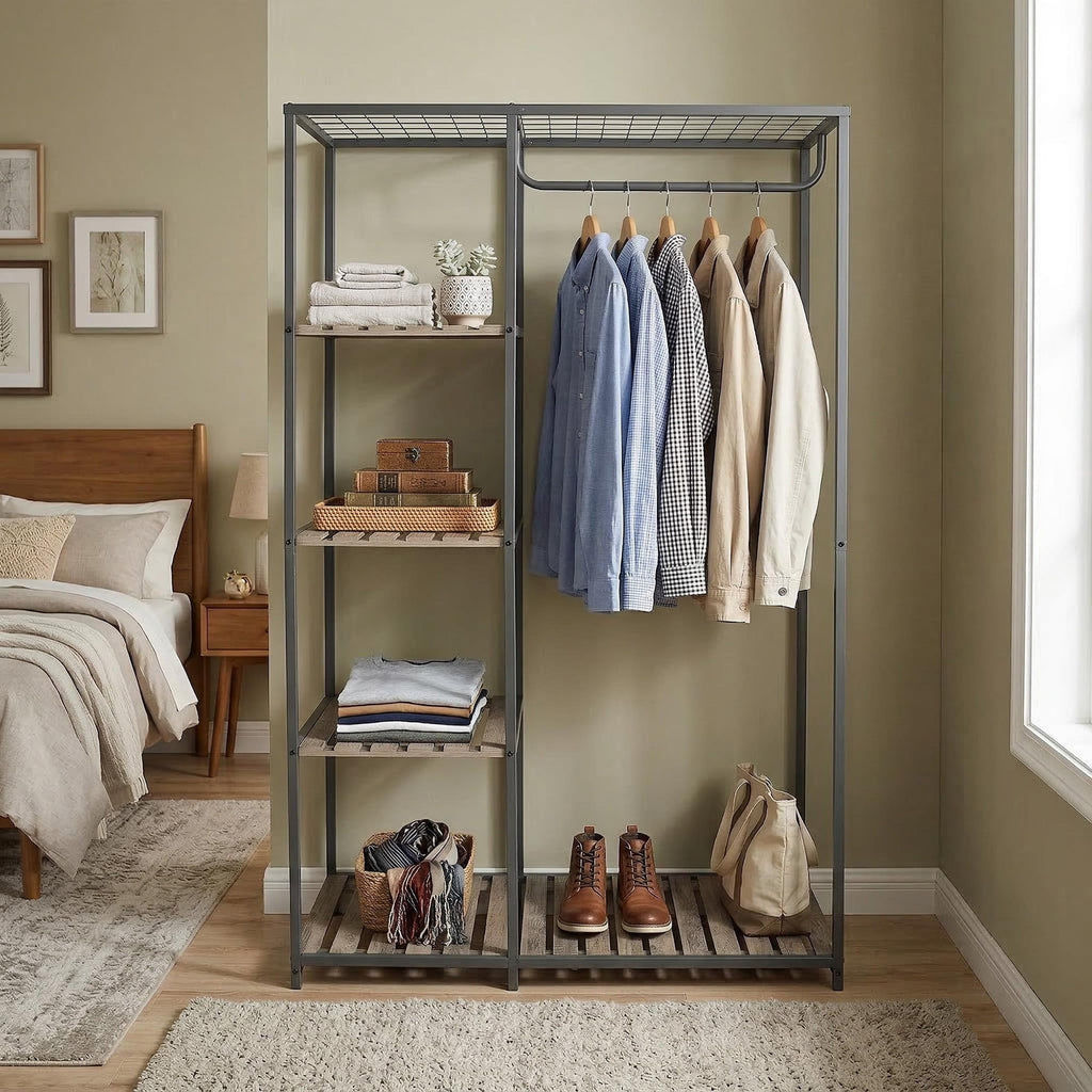 Velmora™ Farmhouse Style Gray Wood and Metal Clothes Rack with Garment Rod