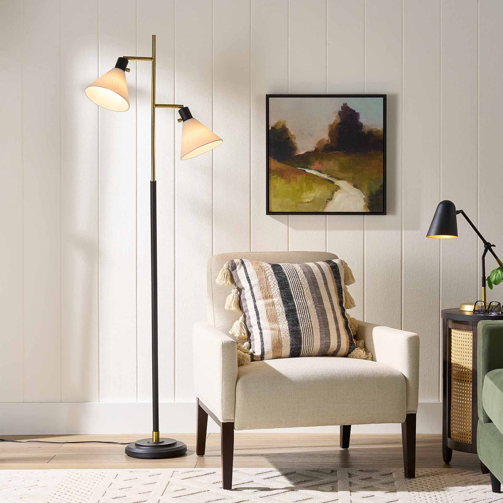 Velmora™ 68"H Metal Floor Lamp with Adjustable Dual Shades, Black and Gold Finish, White Linen Shades