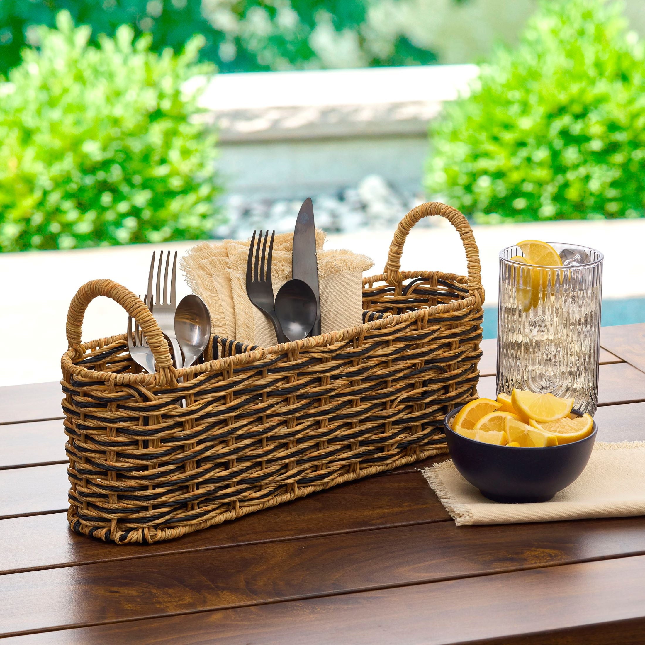 Velmora™ (2 pack) Beige & Black Resin Rattan Oval Utensil Caddy With Metal Frame