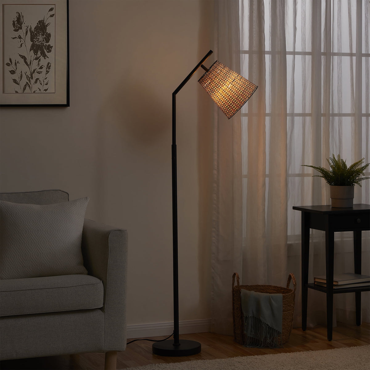 Velmora™ 60 in Boho Black Angled Floor Lamp with Rattan Shade