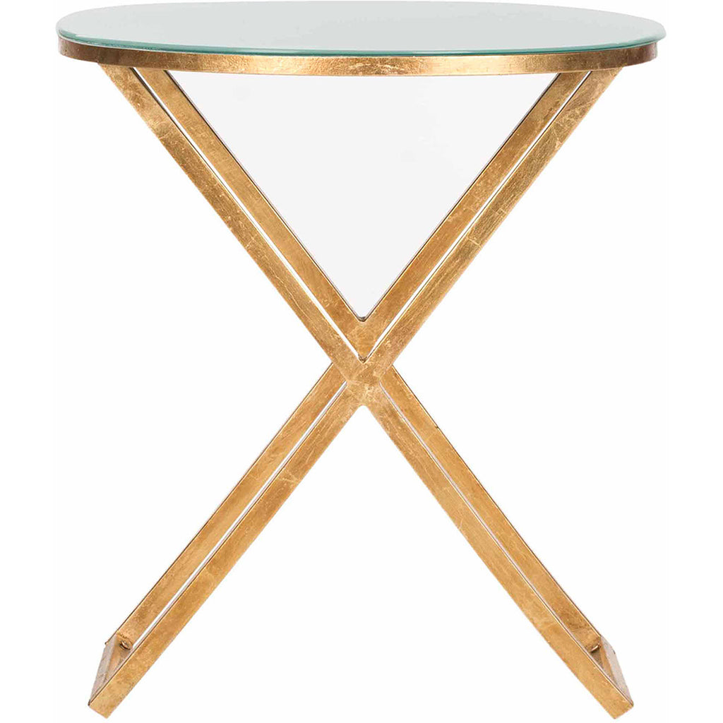 Velmora™ Riona 23 in. H Round Top Cross Legs Accent Table, Gold/White Glass
