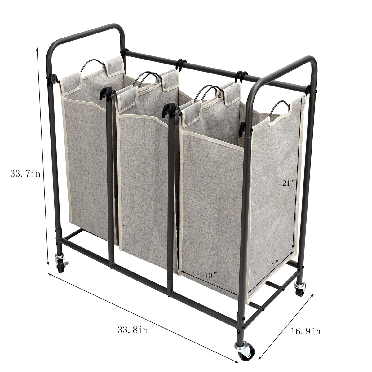 Velmora™ Laundry Sorter and Hamper, Metal Rolling Cart with 3 Removable Fabric Bins, Grey