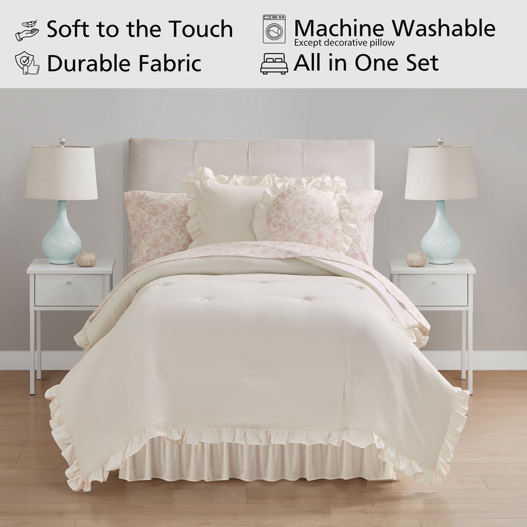 Velmora™ Reversible 8-Piece Bed-in-a-Bag Comforter and Sheet Set, Twin/Twin-XL, Cream Ruffle