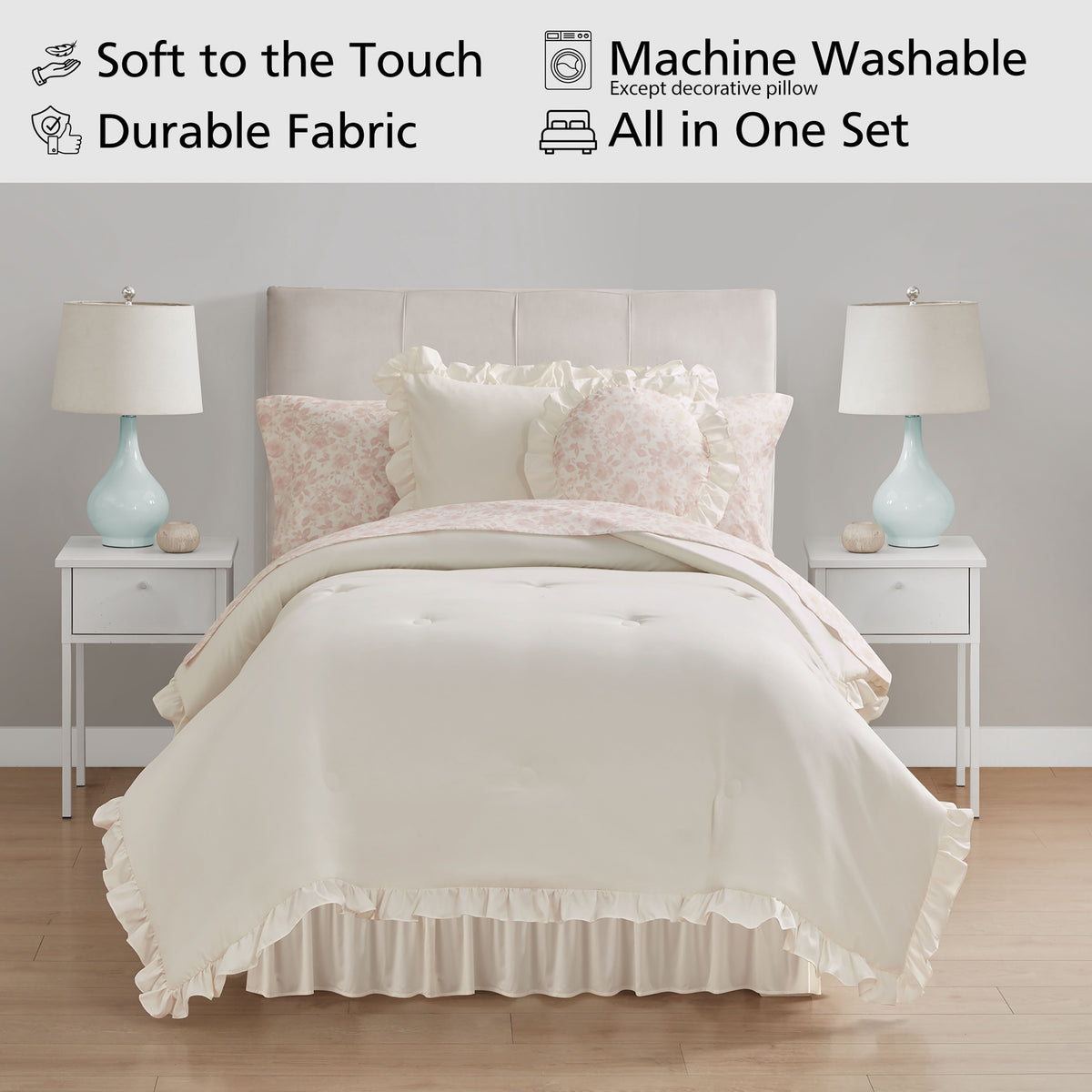 Velmora™ Reversible 8-Piece Bed-in-a-Bag Comforter and Sheet Set, Twin/Twin-XL, Cream Ruffle