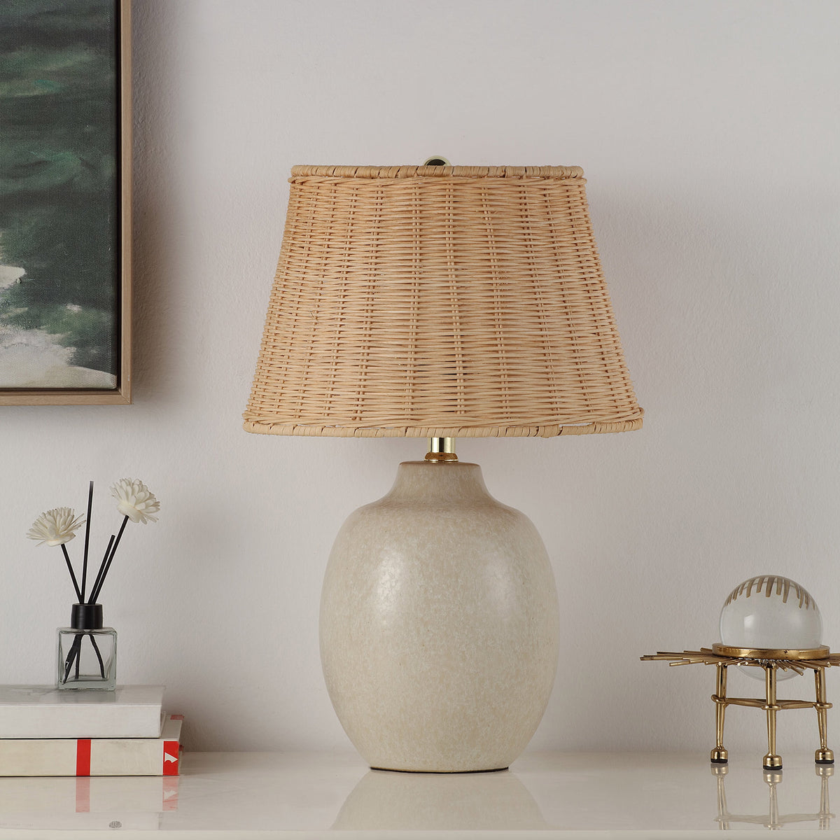 Velmora™ Cream Reactive Ceramic Table Lamp with Natural Rattan Shade, 18 in