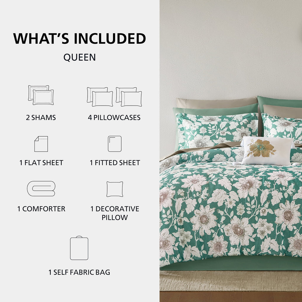 Velmora™ Reversible Bed-in-a-Bag Bedding Set, 11 Pieces, Queen, Green Floral