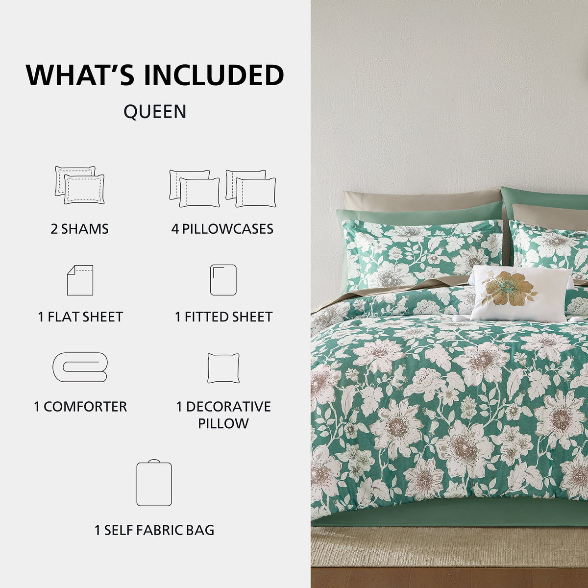 Velmora™ Reversible Bed-in-a-Bag Bedding Set, 11 Pieces, Queen, Green Floral