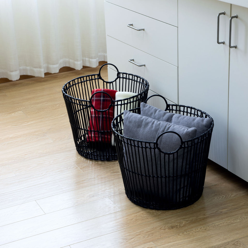 Velmora™ Large Black Poly Rattan Storage Baskets with Handles, Set of 2