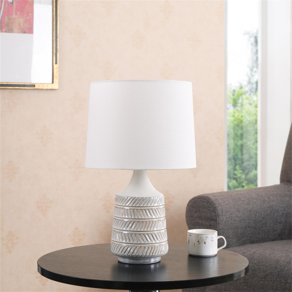 Velmora™ White and Beige Etched Ceramic Table Lamp with Shade 17"H