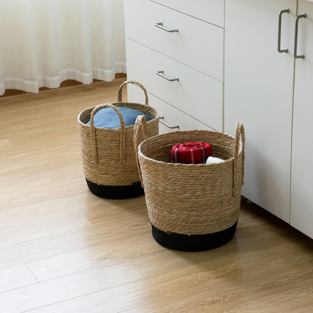 Velmora™ Natural and Black Round Rush Baskets, Set of 2