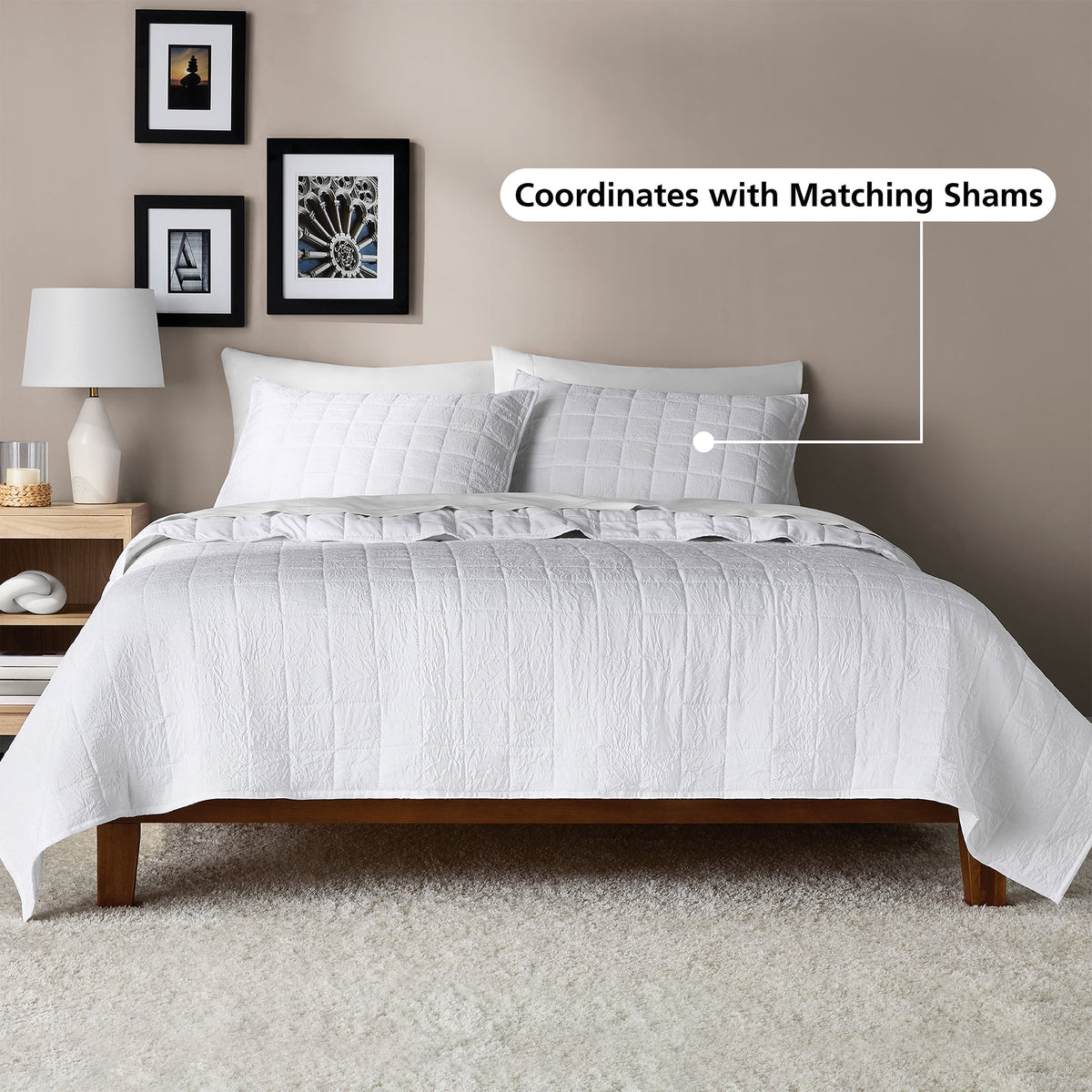 Velmora™ Crinkle Quilt, King, White, Soft Wash Microfiber Bedding