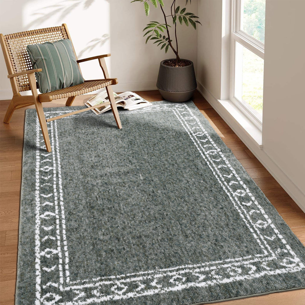 Velmora™ Green Bordered Tufted Washable Area Rug, 8 ft x 10 ft