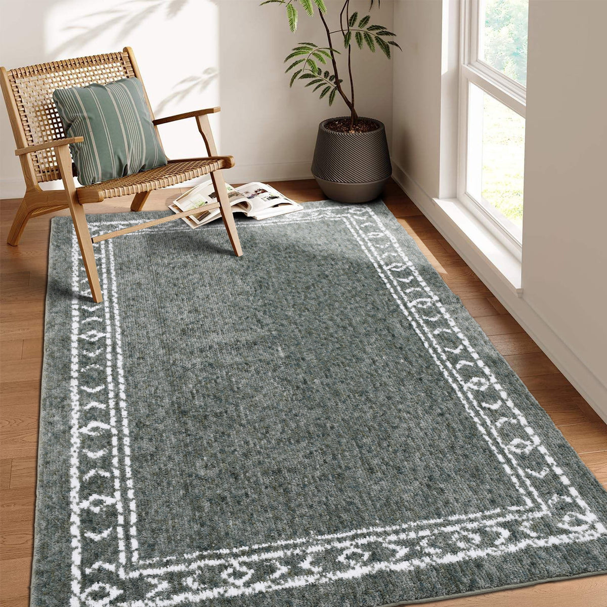 Velmora™ Green Bordered Tufted Washable Area Rug, 8 ft x 10 ft