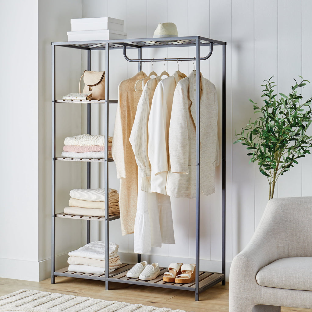 Velmora™ Farmhouse Style Gray Wood and Metal Clothes Rack with Garment Rod