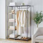 Velmora™ Farmhouse Style Gray Wood and Metal Clothes Rack with Garment Rod
