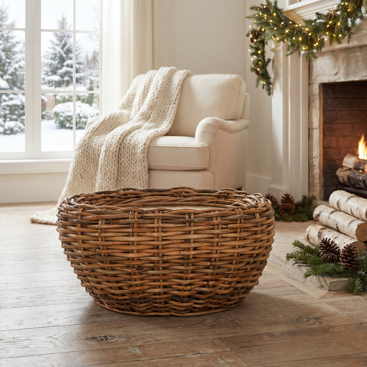Velmora™ Alley Wood Top Round Wicker Coffee Table, Natural Brown