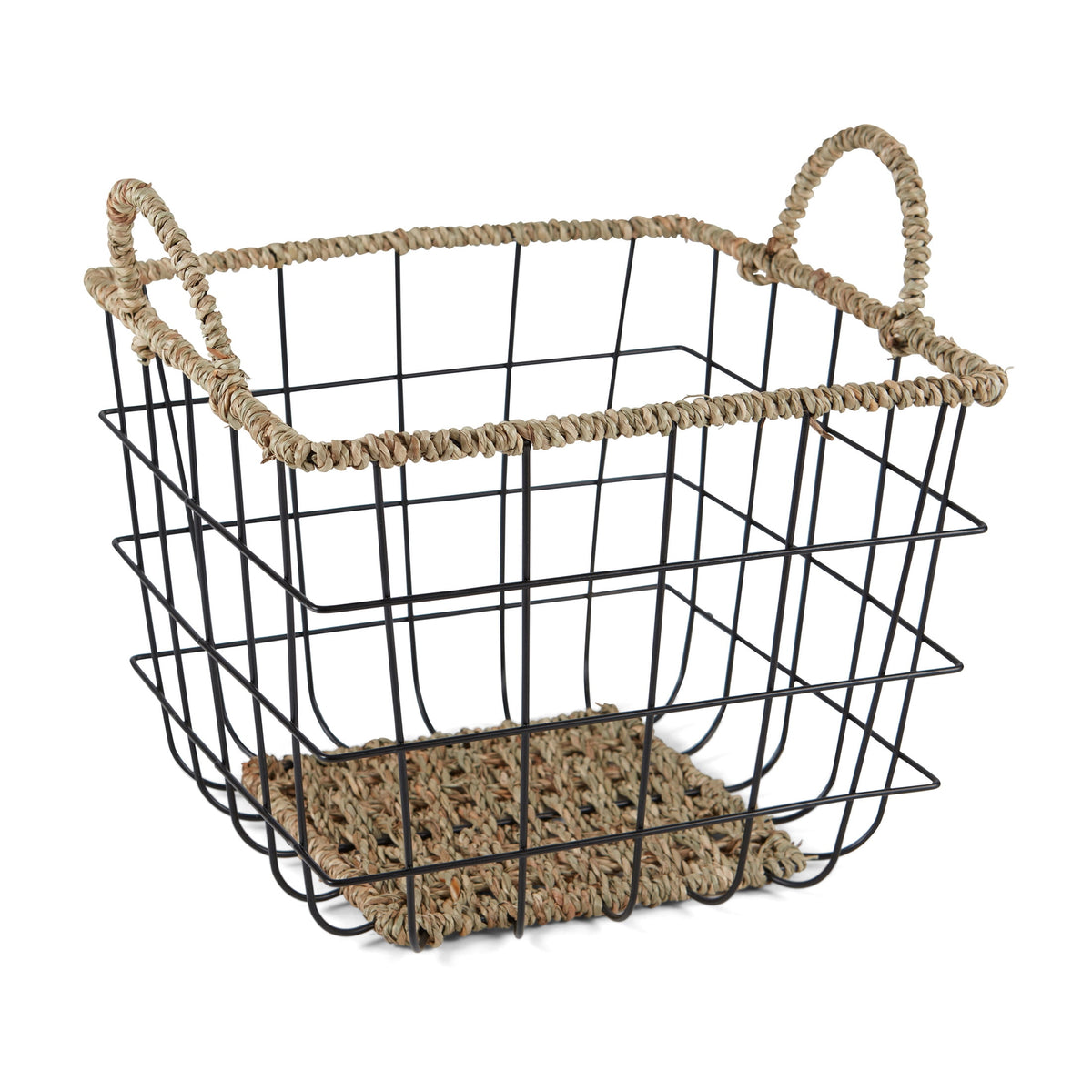 Velmora™ 2-Pack Square Wire Storage Baskets with Woven Trim, Black Metal, 10"L x 10"W x 10"H – Decorative Bin for Pantry, Closet, Bathroom, or Office Organization