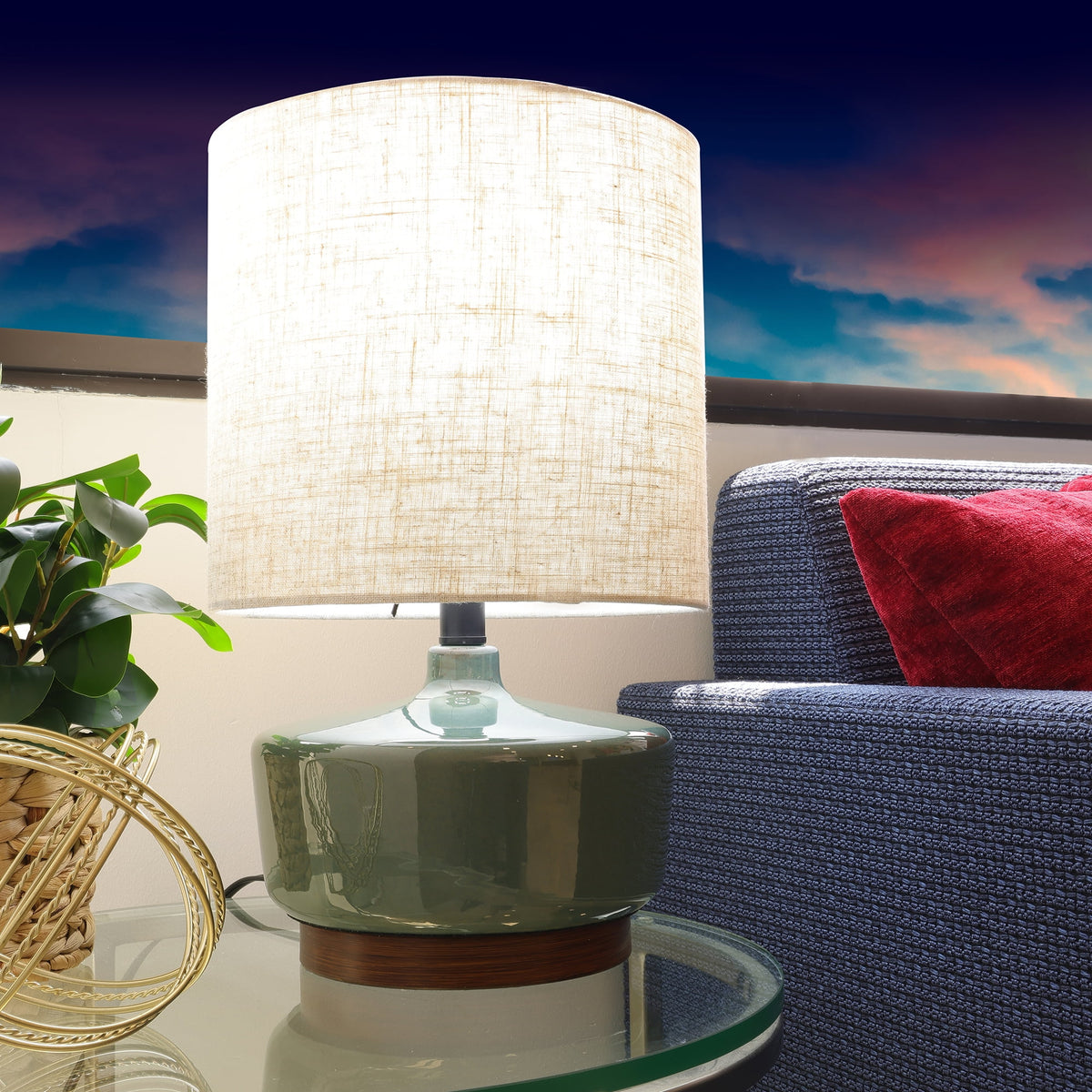Velmora™ 17 in Mid-Century Green Ceramic Table Lamp with Wood Base