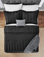 Velmora™ Rich Black 5 Piece Damask Stripe Comforter Set, King, Adult, Unisex