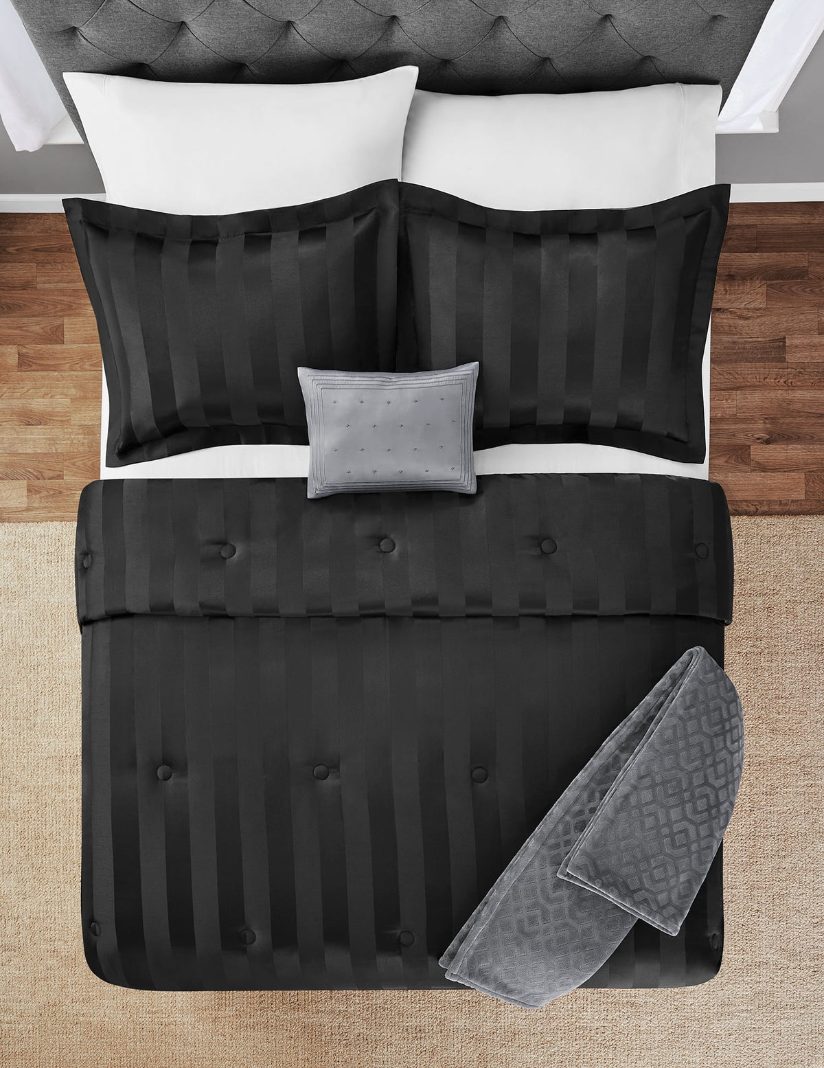 Velmora™ Rich Black 5 Piece Damask Stripe Comforter Set, King, Adult, Unisex